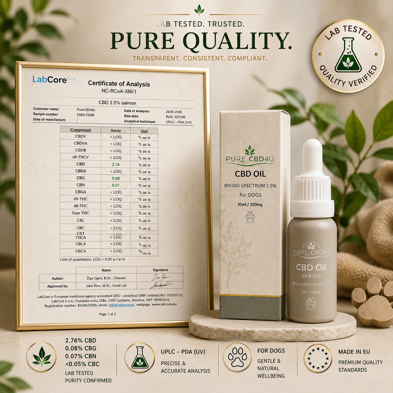 CBD Oil para Cães 2,5% da Pure CBD4U com Certificado de Análise LabCore