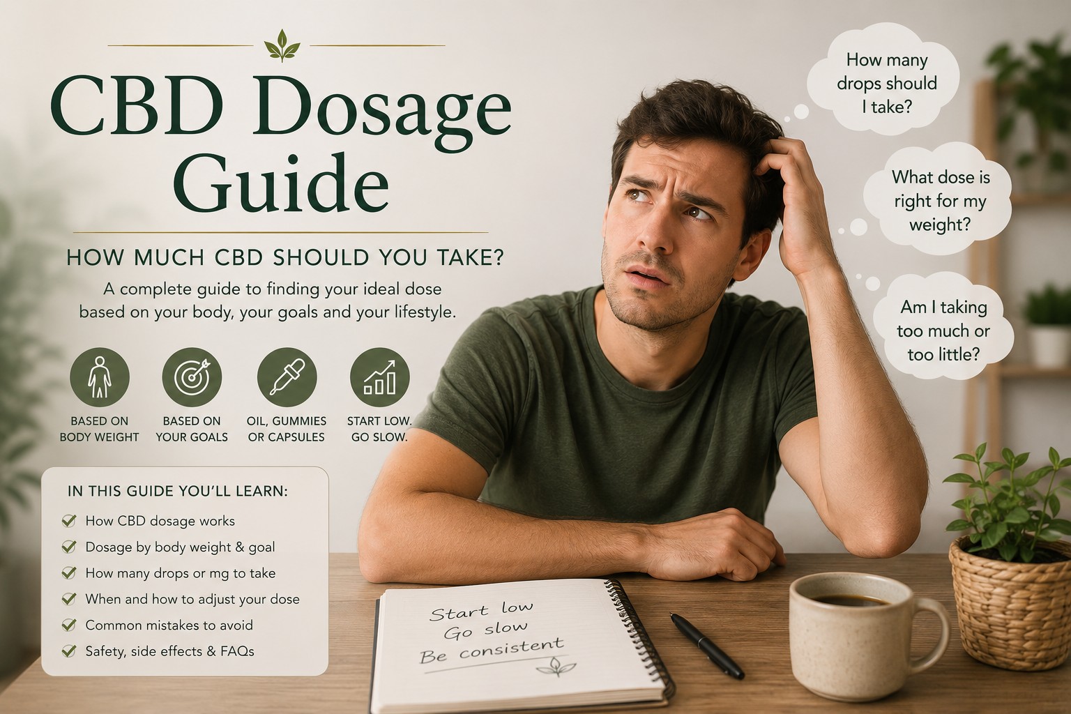 Illustration of a person wondering how much CBD to take while learning about CBD dosage, body weight, CBD oil, gummies and finding the ideal daily dose.