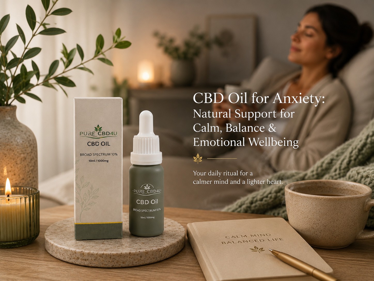 Broad Spectrum CBD oil for anxiety displayed in a calming home setting with tea, candle and a relaxed woman, illustrating natural support for calm, balance and emotional wellbeing.