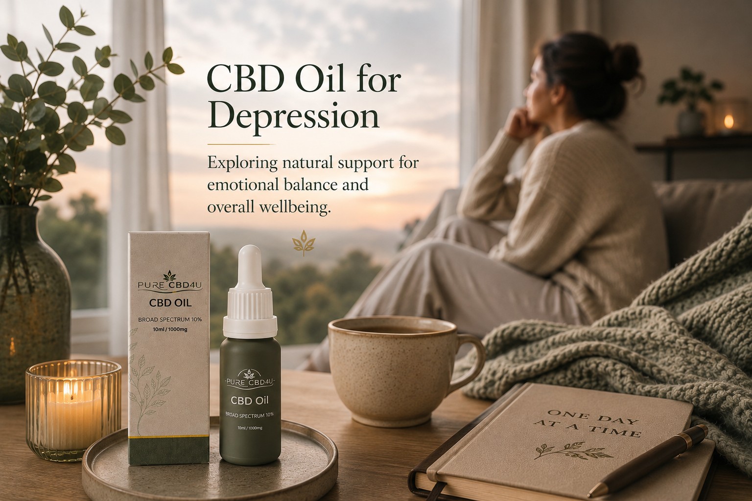 Broad Spectrum CBD oil displayed in a peaceful home setting with a thoughtful woman, candle and tea, illustrating emotional wellbeing and natural CBD support for depression-related wellness.