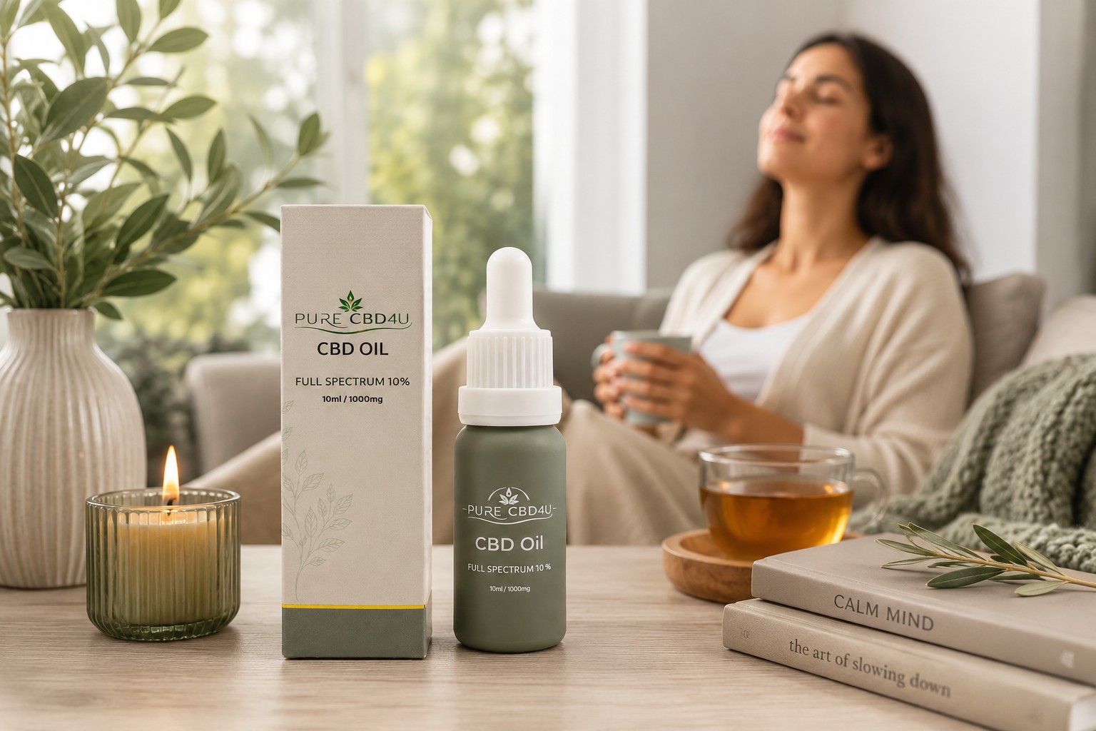 Full Spectrum CBD Oil 10% by PureCBD4U on a table with tea and a relaxing home setting, illustrating CBD oil for stress, relaxation and everyday wellness.