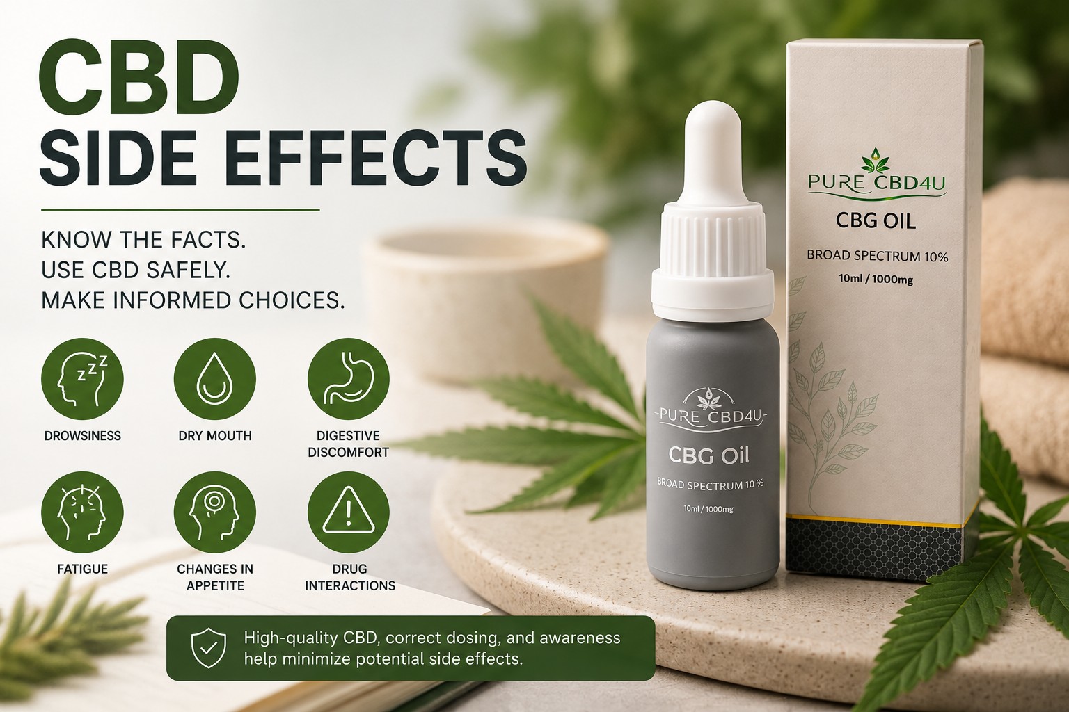 CBD side effects guide featuring Pure CBD4U Broad Spectrum CBG Oil with common side effects including dry mouth, fatigue, drowsiness and drug interactions.