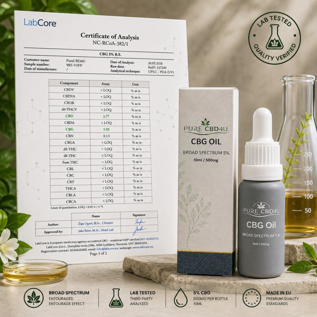 Pure CBD4U CBG Oil Broad Spectrum 5% with Certificate of Analysis and premium packaging, showcasing third-party lab tested quality and EU manufacturing standards.