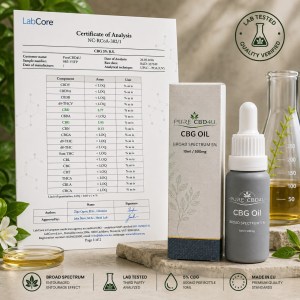 Pure CBD4U CBG Oil Broad Spectrum 5% with Certificate of Analysis and premium packaging, showcasing third-party lab tested quality and EU manufacturing standards.