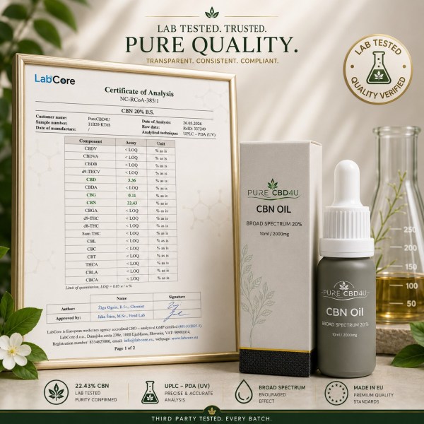 Óleo de CBN 20% da Pure CBD4U com Certificado de Análise e embalagem premium, demonstrando a qualidade testada em laboratório por terceiros e os padrões de fabrico da UE.