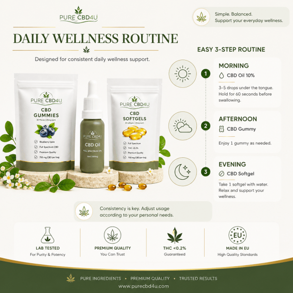 Infografia premium do Pack Bem-Estar Diário com CBD Oil Full Spectrum a 10%, CBD Gummies e CBD Softgels mostrando uma rotina de CBD de manhã, tarde e noite.
