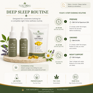 Infografia premium do Pack Sono Profundo com CBD Oil Full Spectrum a 20%, CBN Oil a 20% e CBD Softgels mostrando uma rotina noturna completa para apoio ao bem-estar noturno.