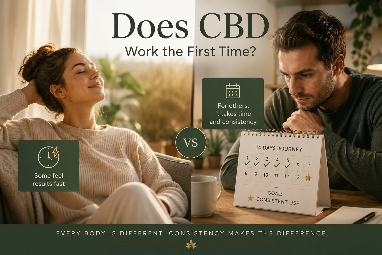 Comparison showing two people using CBD: one experiences results quickly while another follows a consistent daily routine over 14 days before noticing benefits.