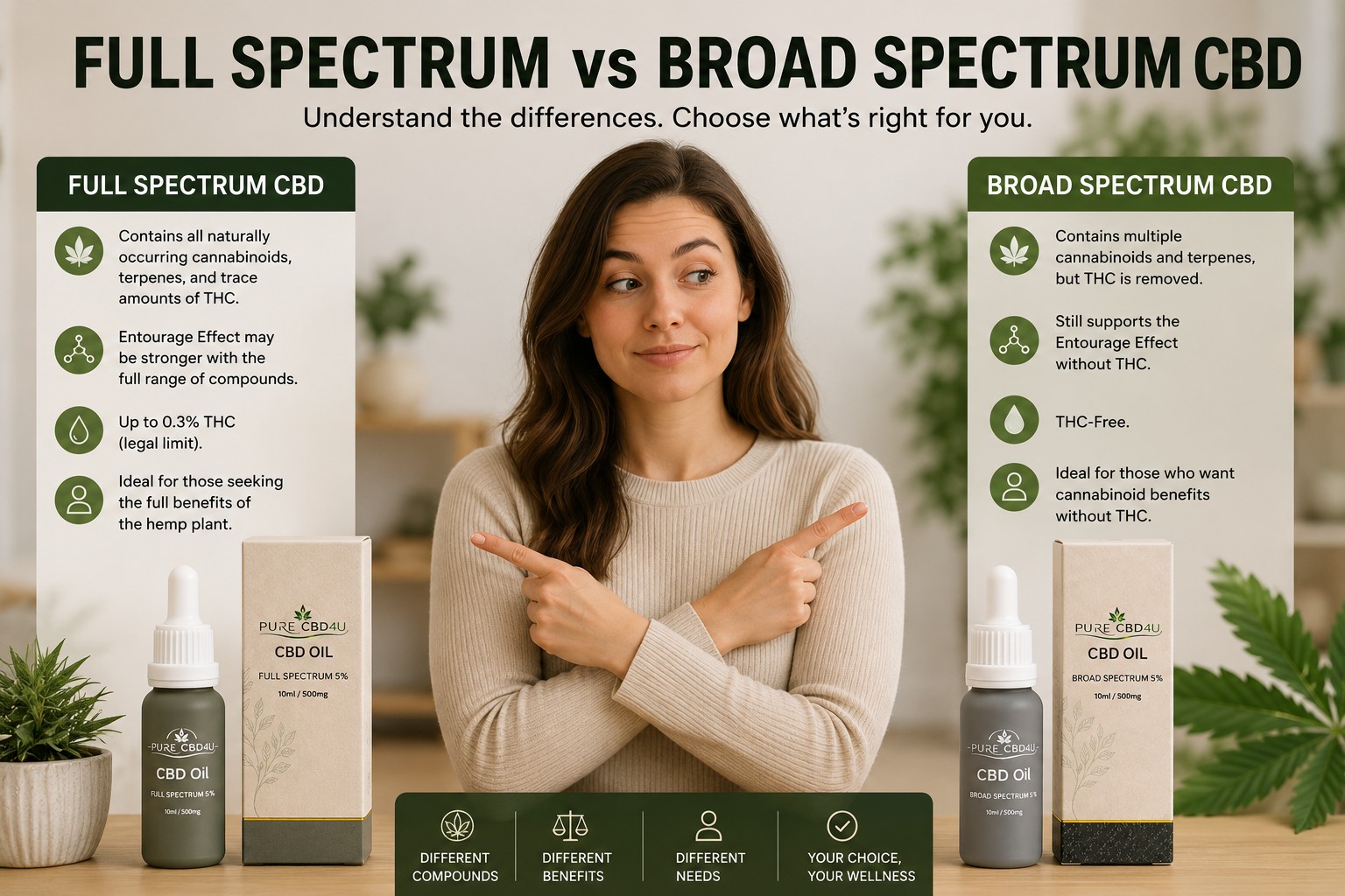 Comparison of Full Spectrum CBD and Broad Spectrum CBD featuring Pure CBD4U oils with a person comparing both options to choose the right CBD product.