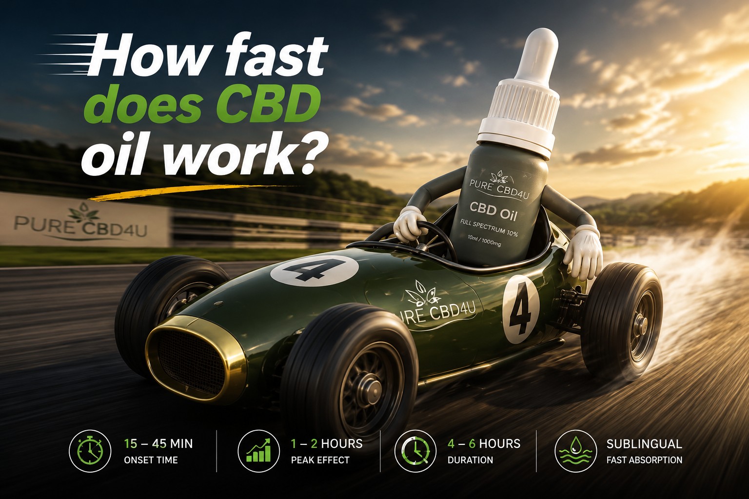 Premium CBG oil bottle driving a race car to illustrate how fast CBD oil works and how quickly CBD effects begin after use.