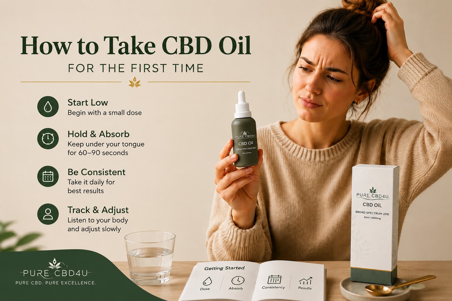 Woman holding a CBD oil bottle for the first time while learning how to use CBD oil safely, with beginner tips displayed beside her.