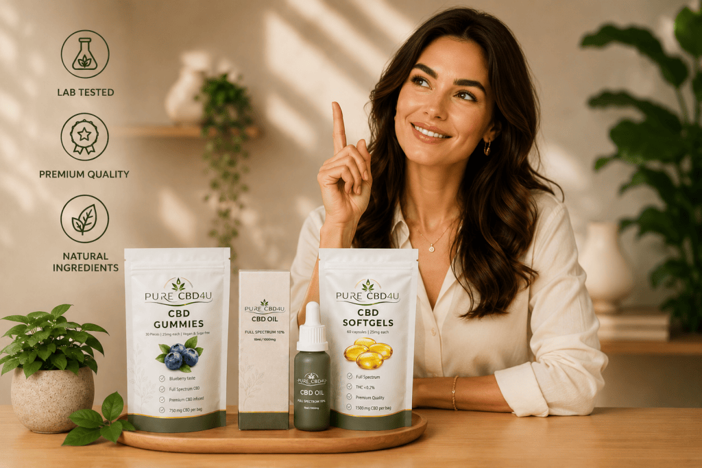 Elegant woman with Pure CBD4U CBD oil, gummies and softgels highlighting lab tested, premium quality and natural ingredients in a luxury wellness setting.