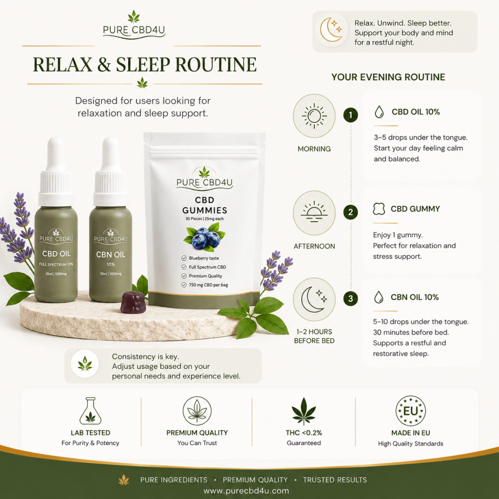 Premium Relax Sleep Bundle infographic with CBD Oil Full Spectrum 10%, CBN Oil 10% and CBD Gummies showing a complete daily and evening CBD routine for relaxation and sleep support.