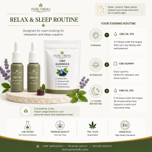 Premium Relax Sleep Bundle infographic with CBD Oil Full Spectrum 10%, CBN Oil 10% and CBD Gummies showing a complete daily and evening CBD routine for relaxation and sleep support.