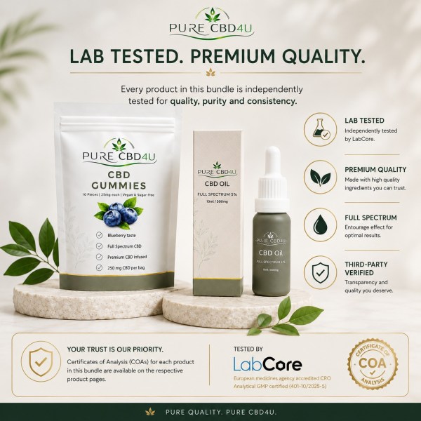 Foto di fiducia del bundle CBD premium per principianti con olio di CBD e CBD gummies con garanzia di qualità testata da terze parti
