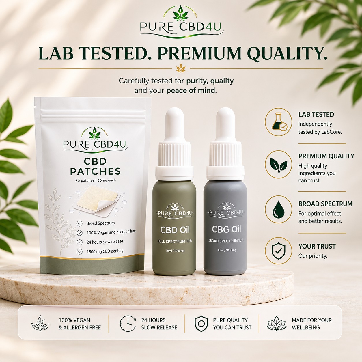 Photo de confiance du pack récupération CBD premium avec huile de CBD, huile de CBG et CBD Patches