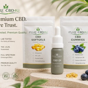 Fotografia de confiança do pack CBD bem-estar diário premium com óleo de CBD, CBD softgels e CBD gummies