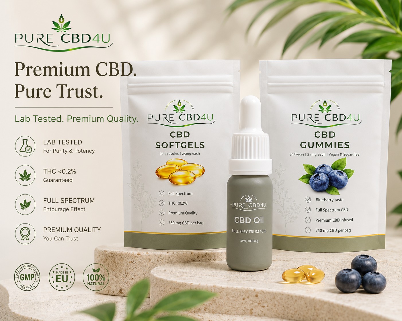 Fotografia de confiança do pack CBD bem-estar diário premium com óleo de CBD, CBD softgels e CBD gummies