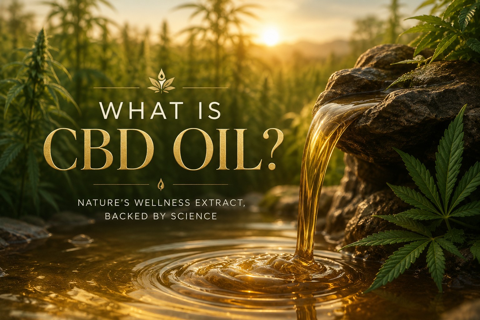 Golden CBD oil flowing into a natural pool beside a hemp field, illustrating what CBD oil is and how it is derived from hemp.