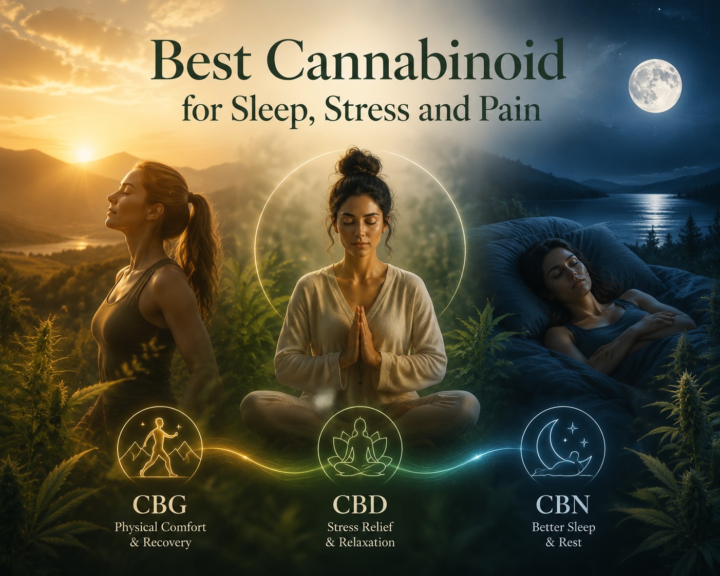 Illustration comparing the best cannabinoids for sleep, stress and pain, highlighting CBN for sleep, CBD for relaxation and CBG for recovery.