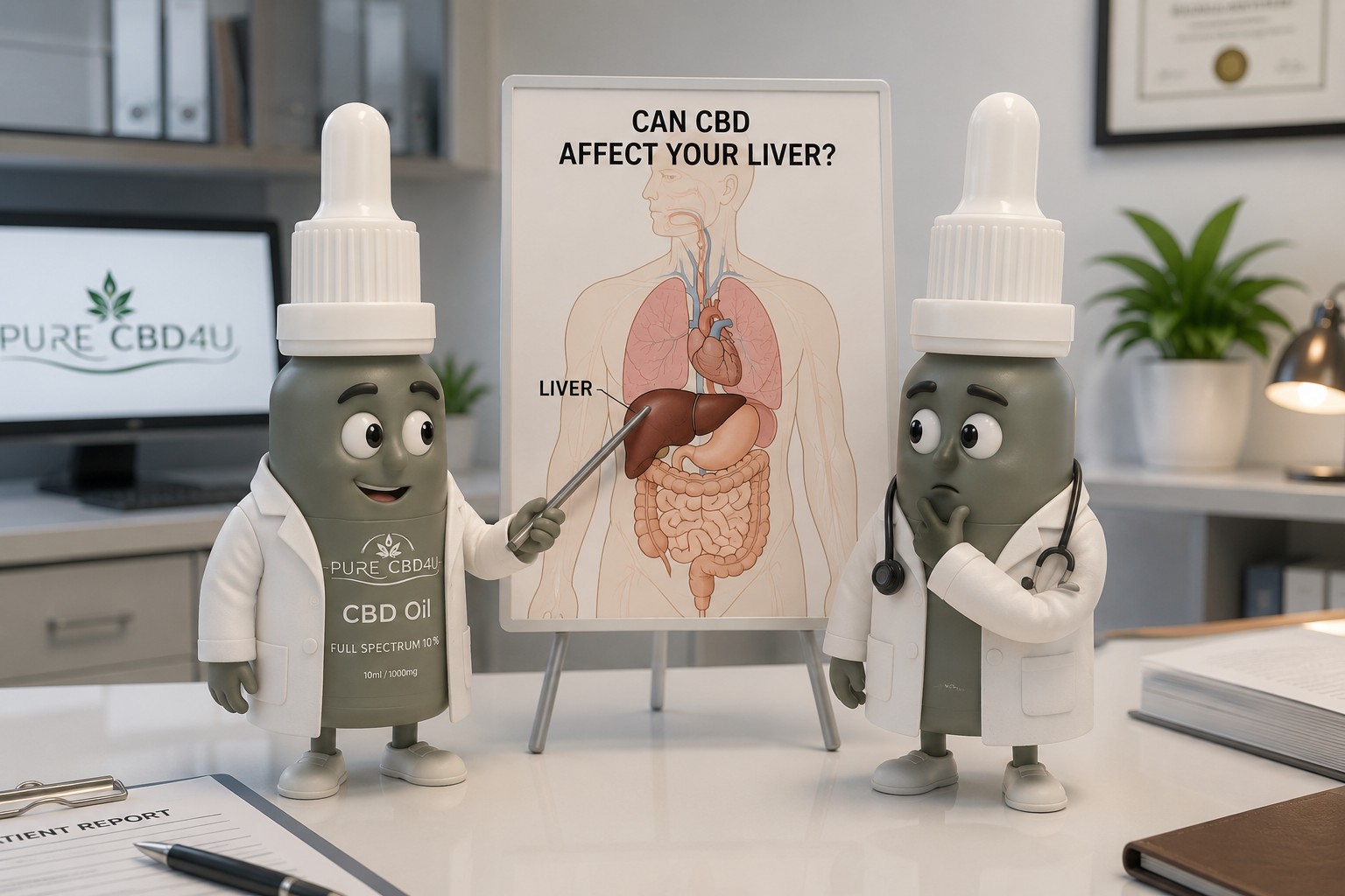 Two cartoon CBD oil bottle doctors in a medical office studying a human anatomy chart, with one pointing at the liver while the other thoughtfully examines the information.