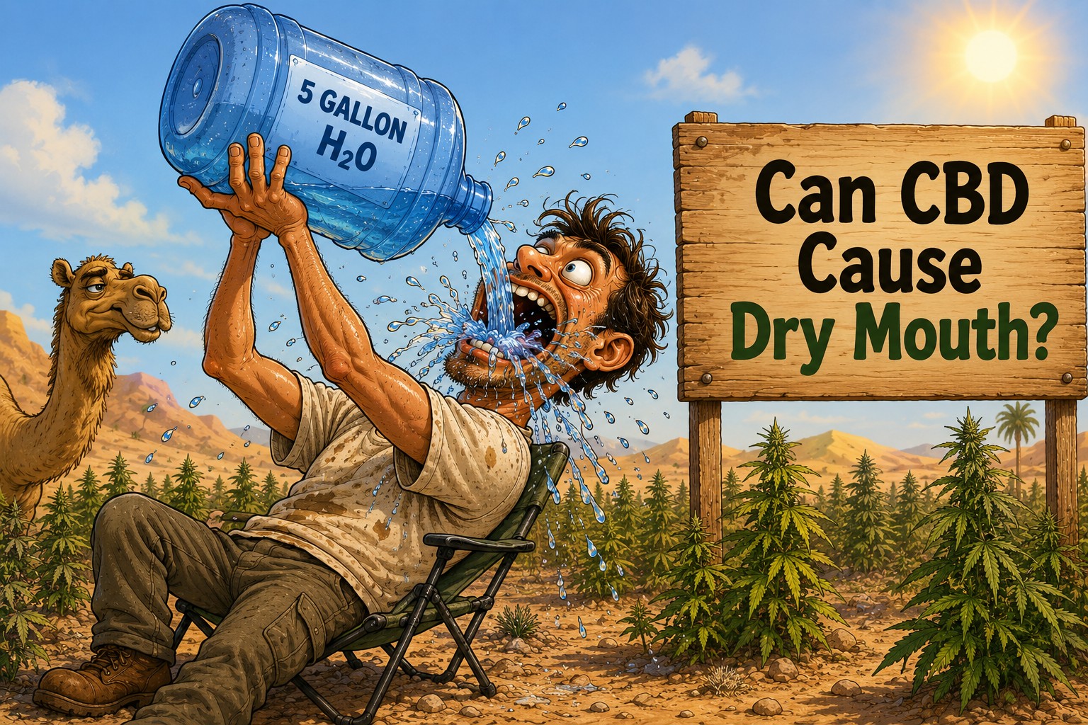 Funny cartoon of a man in a Sahara hemp field pouring water from a giant 5-gallon jug into his mouth while water splashes everywhere, illustrating the question of whether CBD can cause dry mouth.