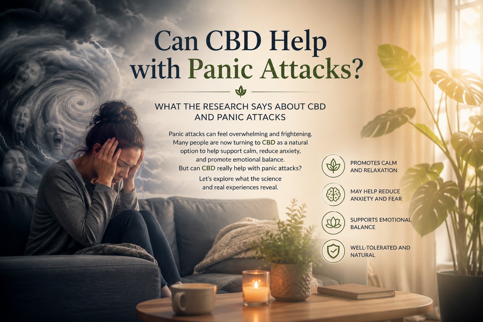 Woman experiencing a panic attack contrasted with a calm environment, illustrating the question of whether CBD may help with panic attacks