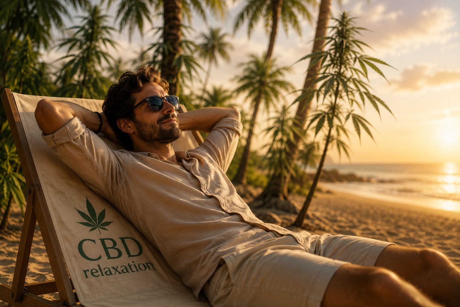 Relaxed man lying on a beach lounger surrounded by hemp leaf palm trees with the text CBD relaxation