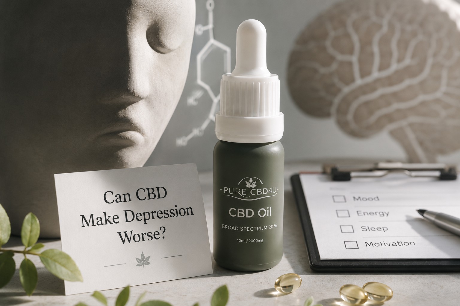Can CBD Make Depression Worse? Educational illustration about CBD oil, mood research, and mental health.