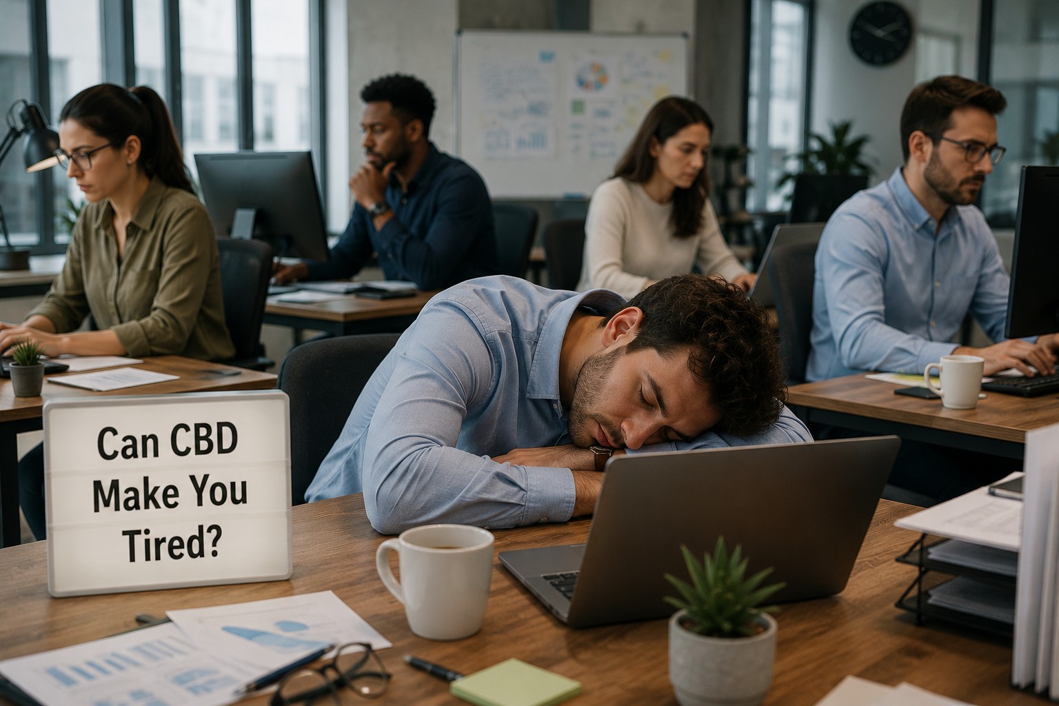 Employee asleep at his desk in a busy office while coworkers continue working, illustrating the question of whether CBD can make you feel tired.