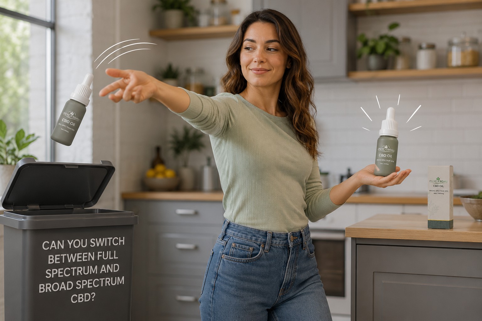 Woman in a modern kitchen throwing away a Full Spectrum CBD bottle while catching a Broad Spectrum CBD bottle, illustrating the switch between CBD extract types.