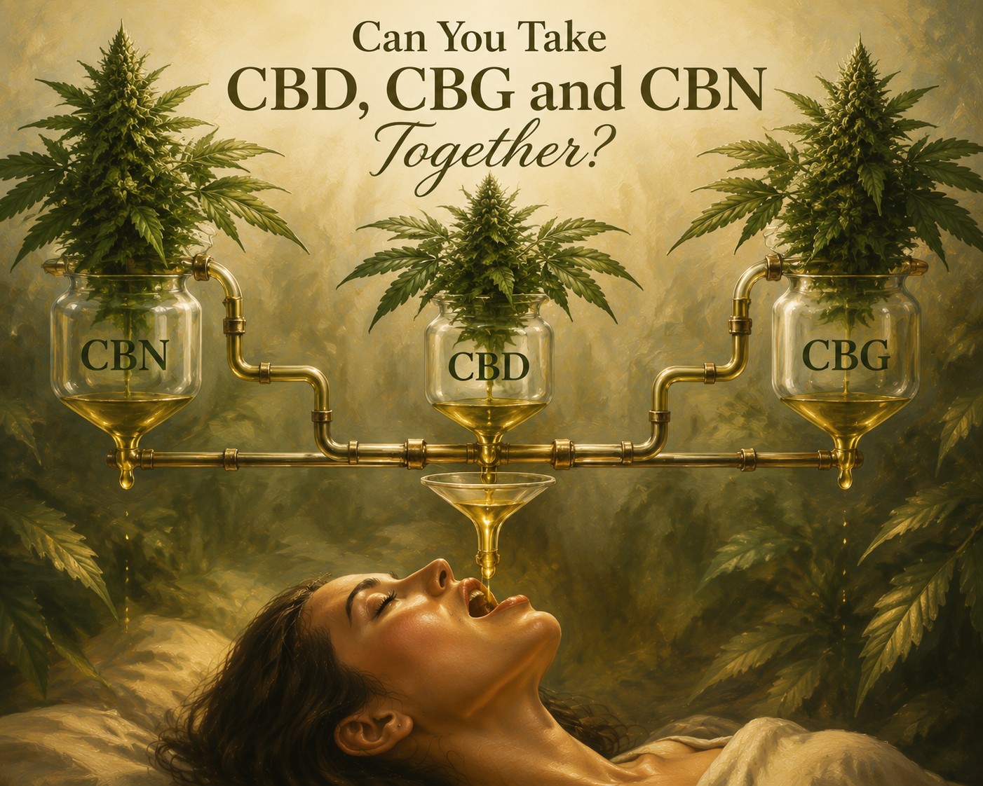 Artistic painting of CBD, CBG and CBN hemp plants combining their oils into one relaxing wellness experience.