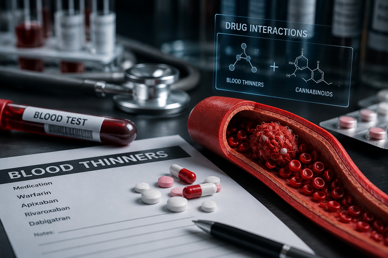 Premium medical illustration showing blood thinners, medication, blood vessel model, and laboratory equipment, representing the importance of understanding potential CBD and blood thinner interactions.