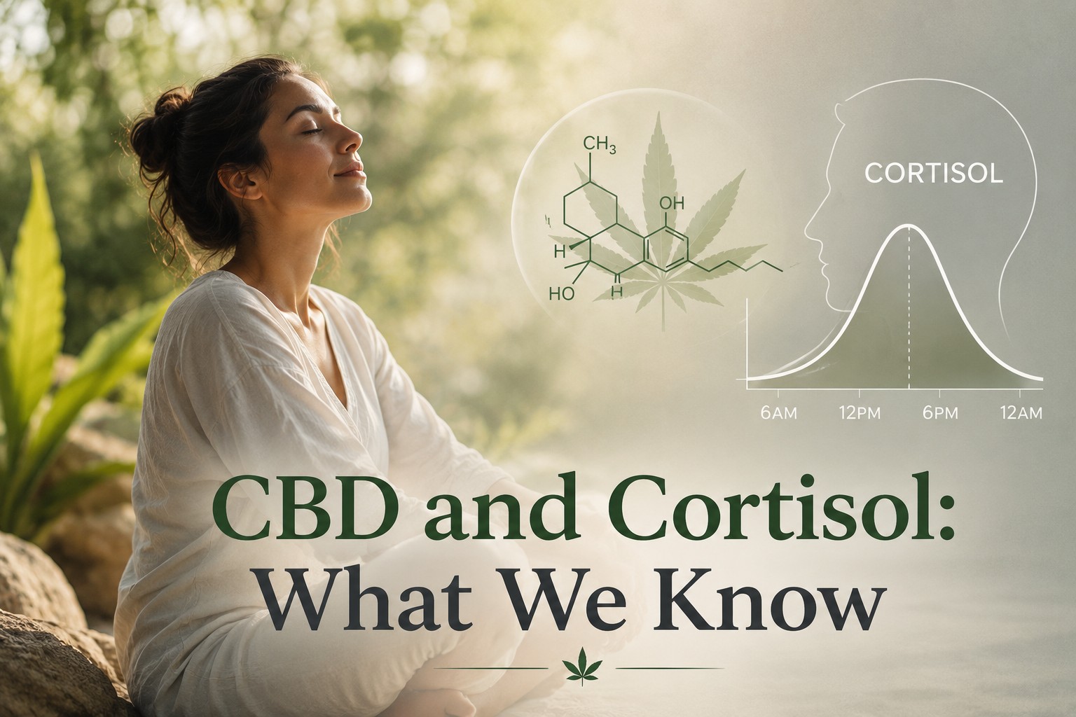 Woman relaxing while illustrating the relationship between CBD and cortisol levels with scientific graphics