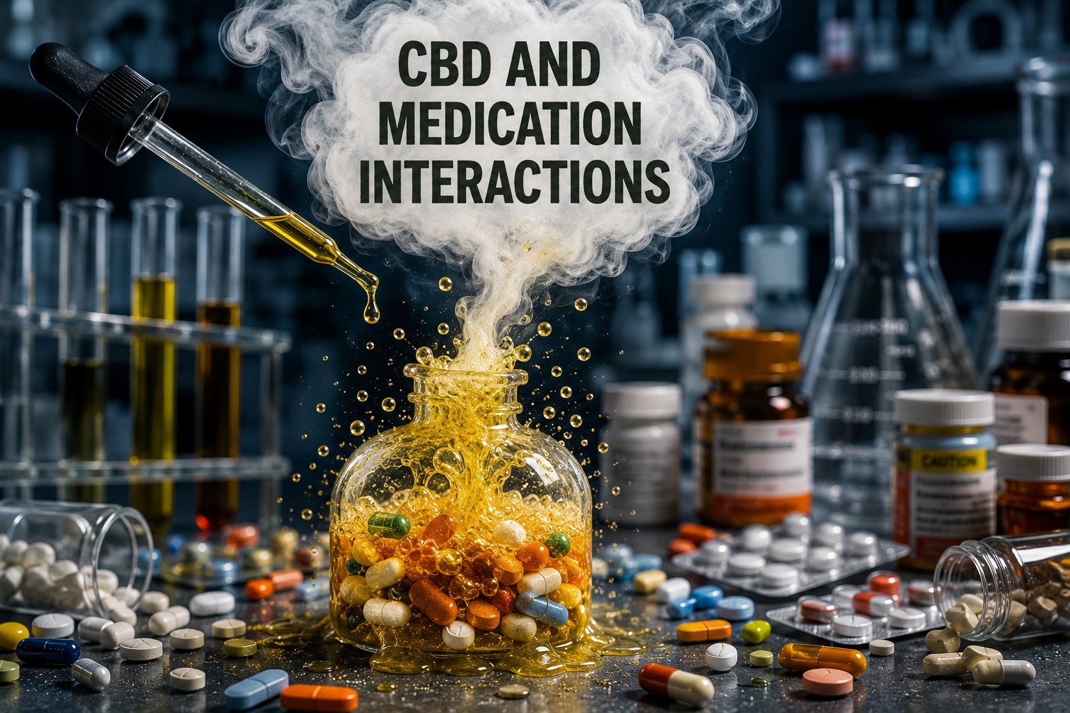 Laboratory scene with medications and CBD oil reacting inside a glass flask, creating a bubbling chemical reaction and a smoke cloud reading "CBD and Medication Interactions."