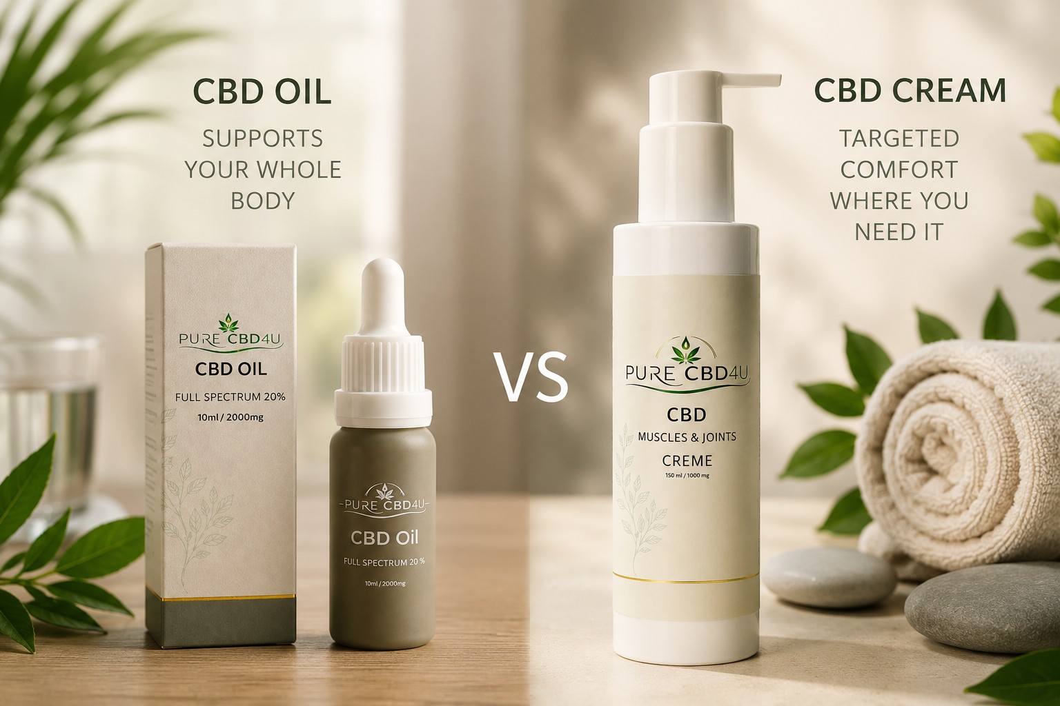 Comparison of CBD cream and CBD oil for pain relief, showing a topical CBD cream for targeted comfort and CBD oil for whole-body wellness support.