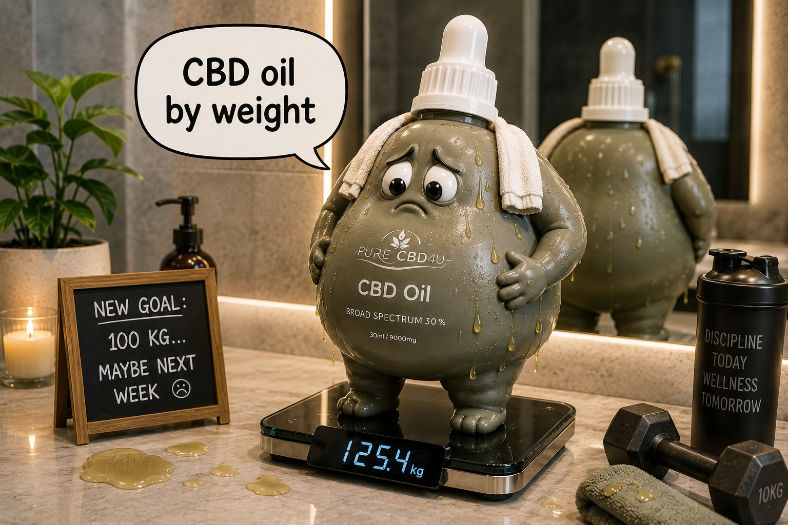 Funny CBD oil bottle standing on a bathroom scale illustrating the concept of CBD dosage by body weight.