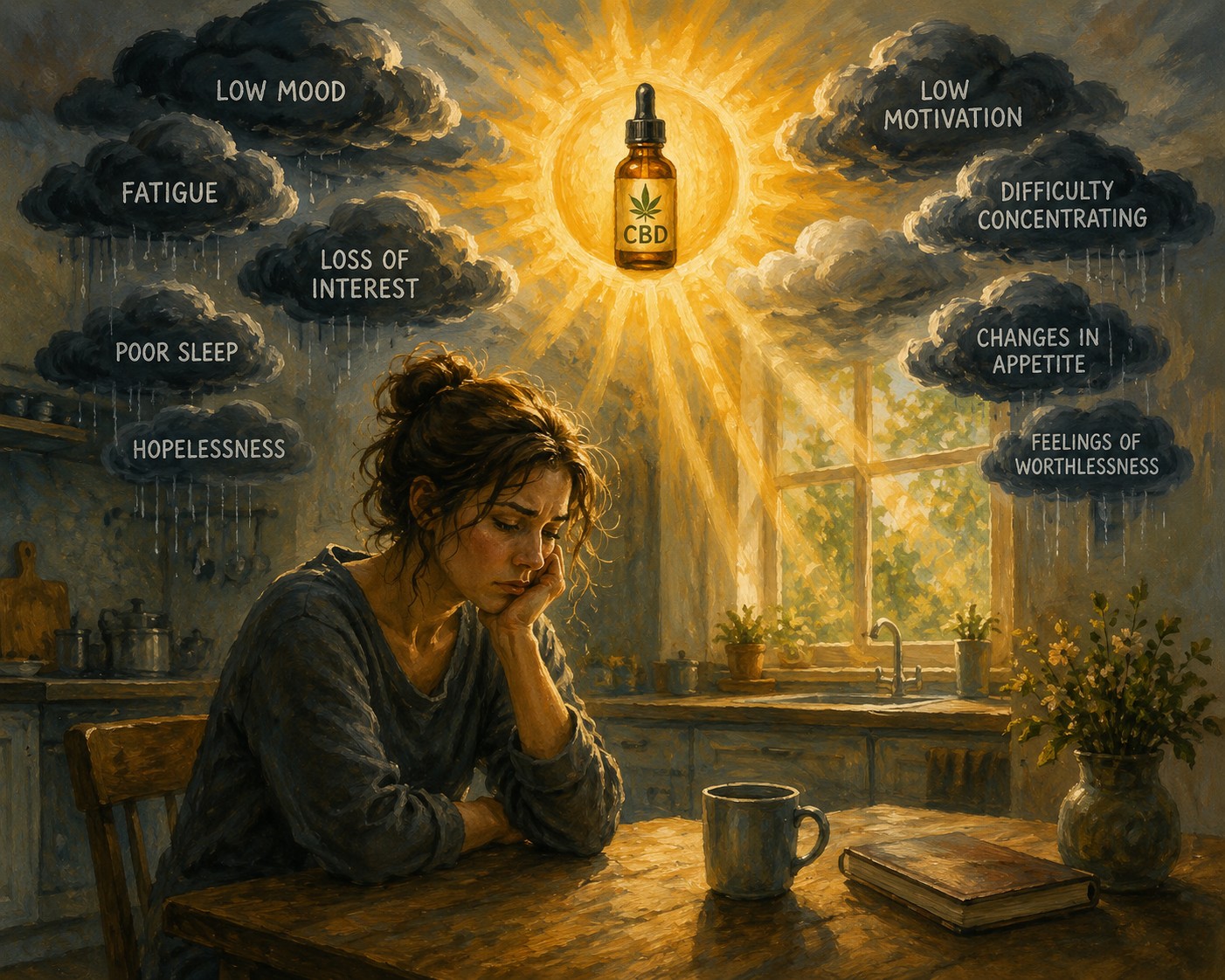 Painterly illustration of a woman sitting quietly in a dim kitchen while dark clouds representing depression symptoms begin to clear as warm sunlight shines through the window, symbolizing hope and emotional wellbeing.