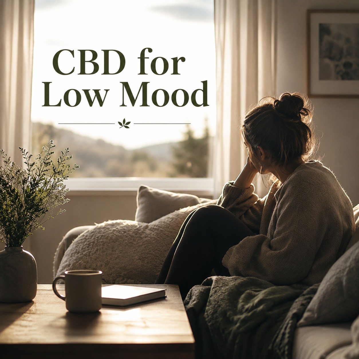 A thoughtful woman sitting quietly by a window, reflecting during a period of low mood, illustrating emotional wellbeing and the topic of CBD for low mood.