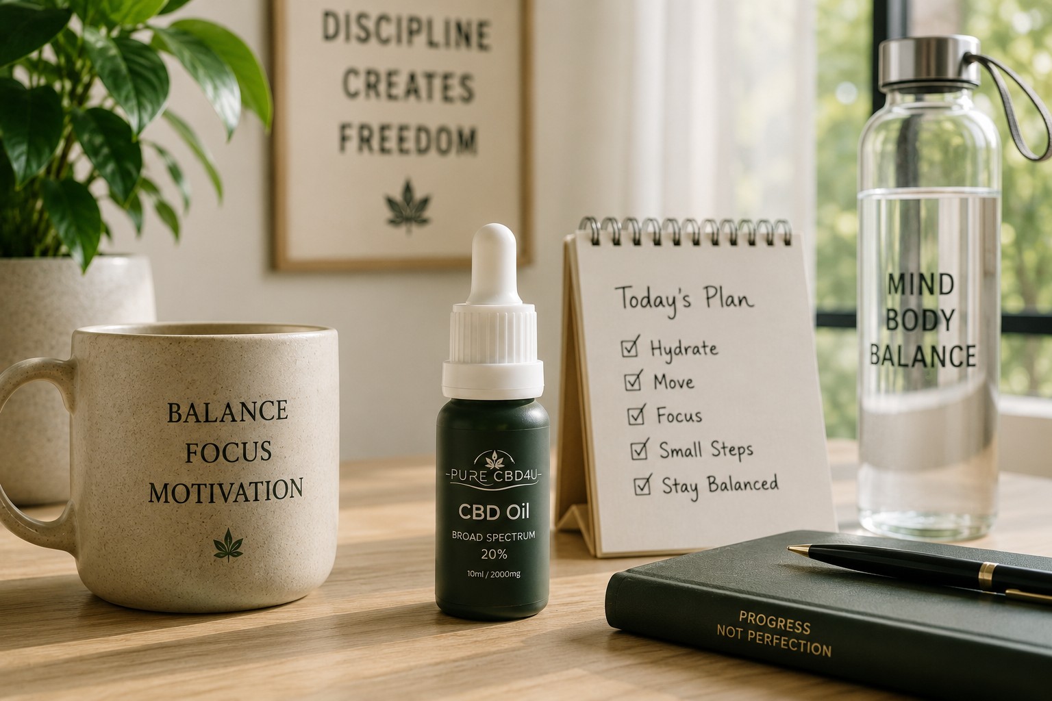 Healthy morning workspace representing motivation, daily balance, productivity, and a wellness routine with CBD oil.