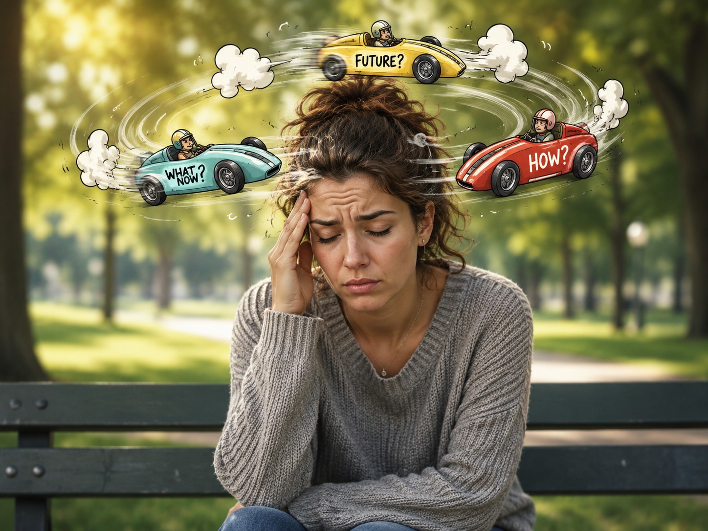 Woman sitting in a park with miniature racing cars circling around her head labeled "What Now?", "Future?", and "How?", representing racing thoughts