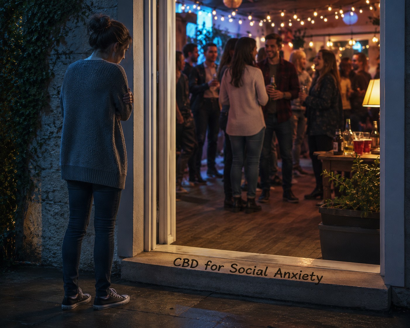 Woman hesitating at the entrance of a lively party while people inside are socializing, illustrating social anxiety and CBD for social anxiety