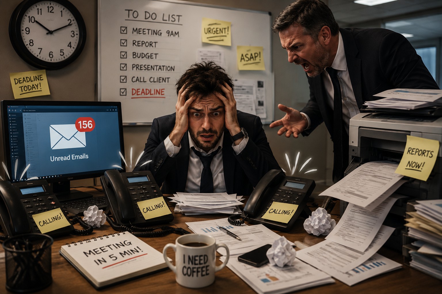 Stressed office worker overwhelmed by ringing phones, unread emails, paperwork, and an angry boss during a busy workday