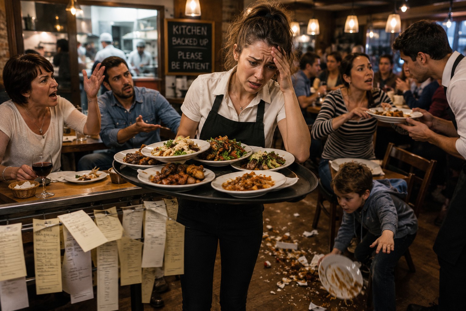 Overwhelmed waitress in a busy restaurant dealing with unhappy customers, a broken plate, and overwhelming work stress