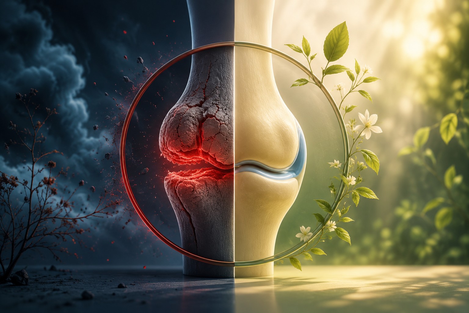 Medical illustration of an arthritic joint showing inflammation contrasted with a healthy joint, created for a blog about CBD oil for arthritis and joint inflammation.
