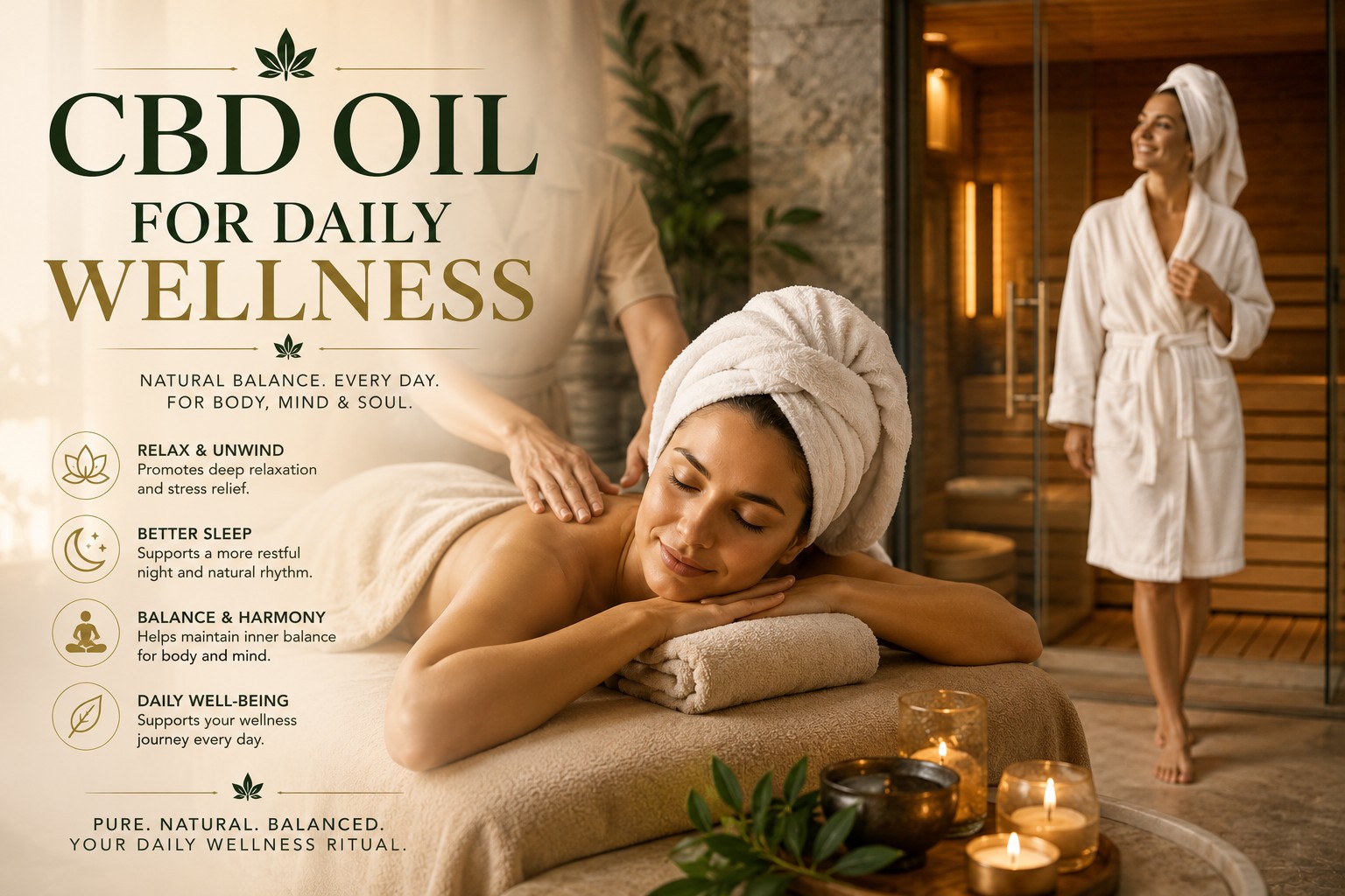 Two women enjoying a luxury wellness spa, one receiving a relaxing massage while the other leaves the sauna, illustrating the concept of CBD oil as part of a daily wellness routine.