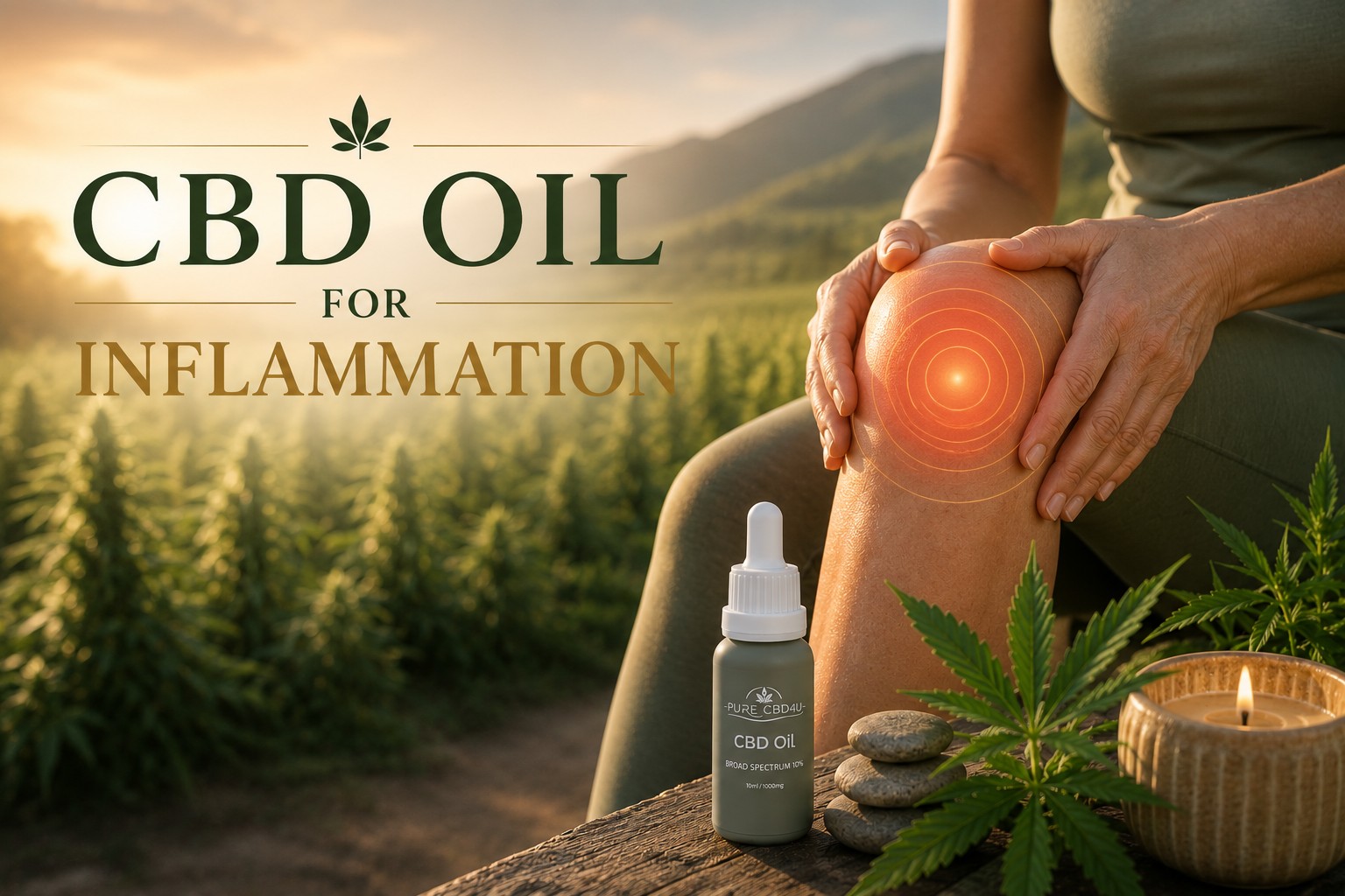 Woman holding her knee with a highlighted inflammation area, overlooking a peaceful hemp field at sunset, illustrating CBD oil for inflammation support and everyday wellness.