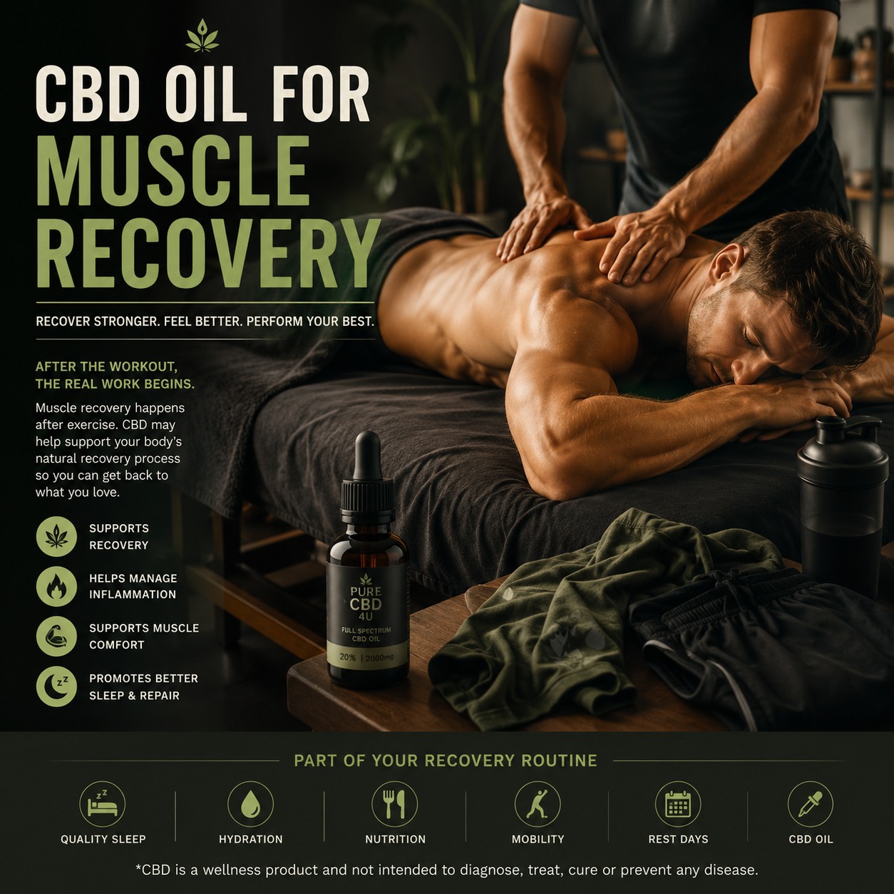 Athletic man receiving a sports massage after a workout with his gym clothes beside the massage table, illustrating CBD oil for muscle recovery and post-workout recovery.