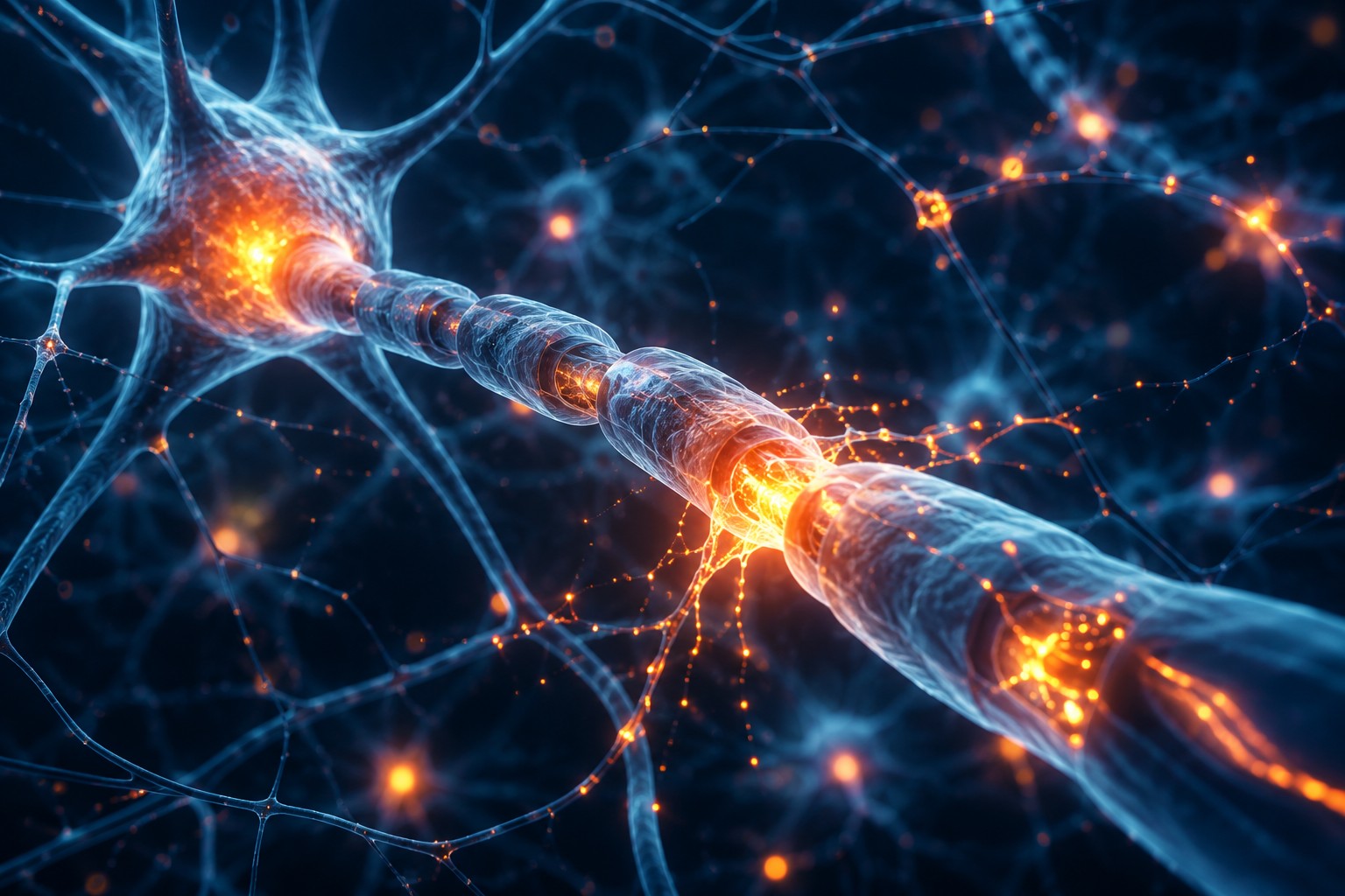 Detailed illustration of a human nerve cell transmitting electrical signals, representing nerve pain, neuropathy and the role of the nervous system in a blog about CBD oil for nerve pain.