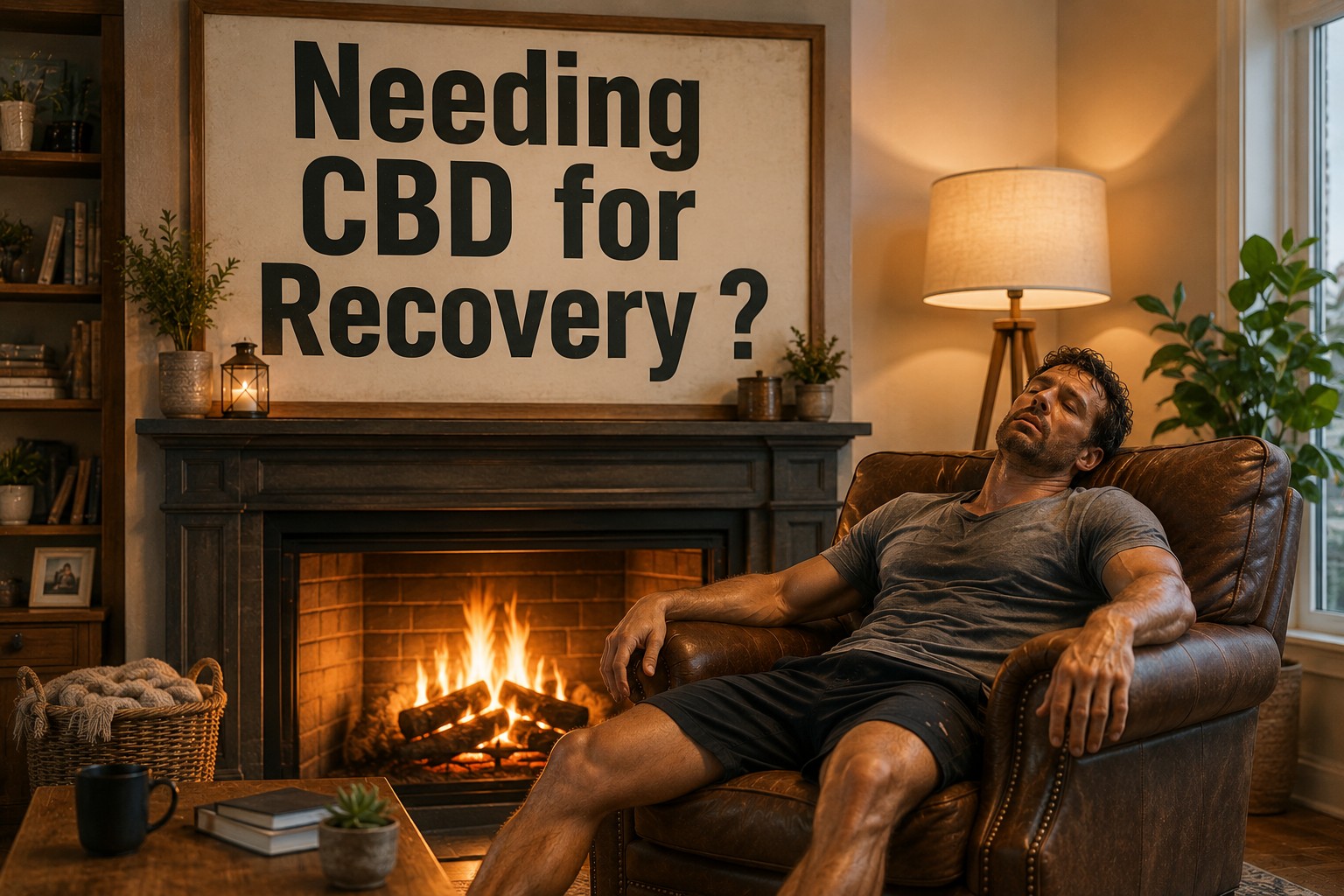 Exhausted man resting in a leather armchair beside a cozy fireplace with a large sign reading "Needing CBD for Recovery?", illustrating rest, recovery, and everyday wellness.